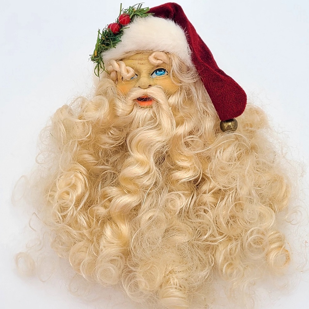 8" Santa Claus Ornament Large with Long Beard and Pole Feature VTG Hand painted